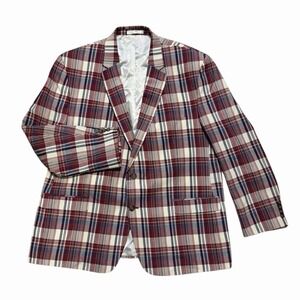 Chaps Plaid Blazer Men's Size 50R Red White Blue Cotton Sport Coat Preppy Derby